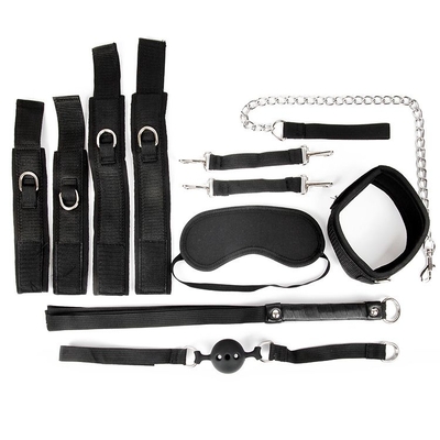 Черный текстильный набор бдсм: наручники, оковы, ошейник с поводком, кляп, маска, плеть - фото, цены