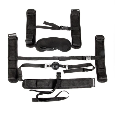 Пикантный черный текстильный набор бдсм: наручники, оковы, ошейник с поводком, кляп, маска - фото, цены